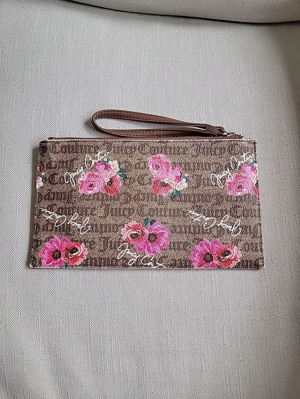 Floral Brown Wristlet Clutch with Gold Emblem - Picture 2 of 11